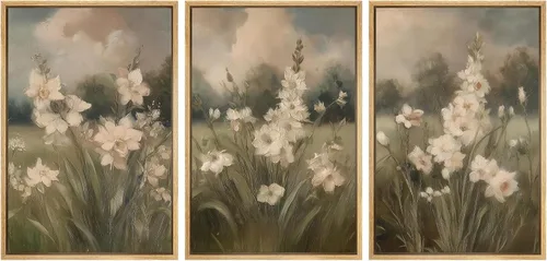 Miniatura 37 de SIGNWIN Conjunto de arte de pared de lienzo enmarcado, acuarela pastel, cielo de nubes rosas, colina verde del campo, naturaleza, vida silvestre