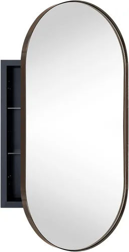 Miniatura 13 de Botiquín de baño empotrado ovalado de oro cepillado con espejo de acero inoxidable con marco de metal oblongo, en forma de píldora, gabinete de baño