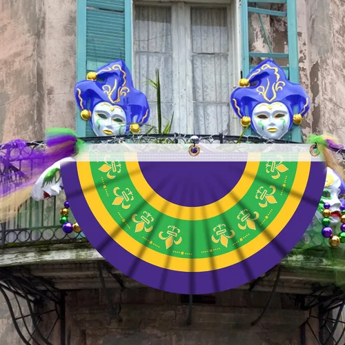 Miniatura 4 de EBaokuup Paquete de 6 banderas de Mardi Gras de 2.8 x 1.6 pies, bandera de tela de poliéster de New Orleans Mardigras para porche, banderines