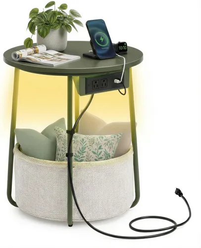 Miniatura 13 de VASAGLE Colección LILEA - Mesa auxiliar con estación de carga, mesa auxiliar redonda con cesta de tela, mesita de noche con puertos USB, para sala