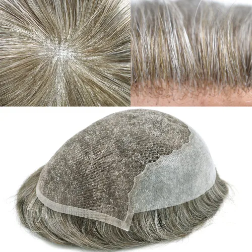 Miniatura 19 de Toupee para hombres, sistema de reemplazo de cabello humano Remy, nudos blanqueados, encaje frontal, piel fina, para hombre, color gris, pelucas