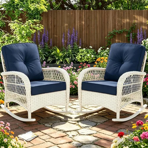 Miniatura 11 de MEETWARM Mecedora de mimbre para exteriores, sillas mecedoras de ratán para patio con cojines y respaldo alto, silla de mimbre para patio para todo