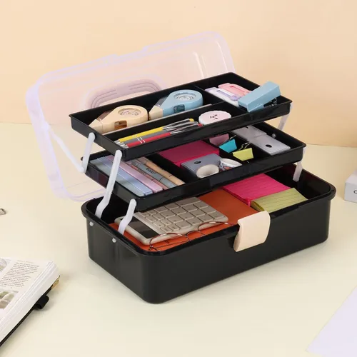 Miniatura 5 de Organizador de manualidades, caja de aparejos plegable portátil de 3 capas, caja de herramientas de plástico con asa para suministros de costura