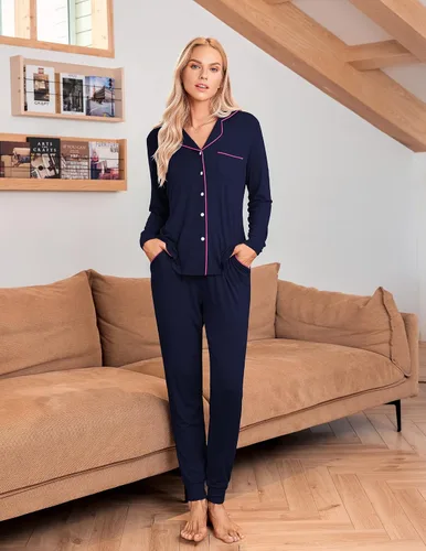 Miniatura 2 de Ekouaer Conjunto de pijama de manga larga para mujer, ropa de dormir con botones y bolsillos