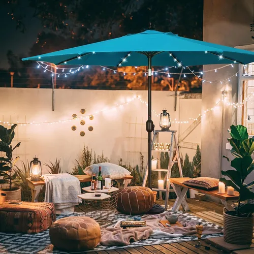 Miniatura 6 de Blissun - Sombrilla solar de 9 pies para exteriores, 32 luces LED, con inclinación y manivela, parasol ideal para patio, jardín, cubierta, piscina