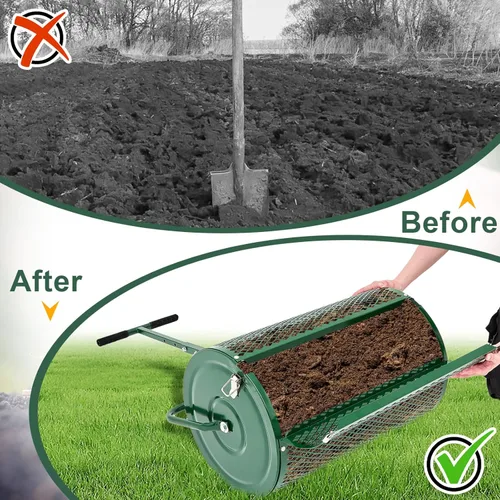 Miniatura 7 de Hiboom Esparcidor de compost de 24 pulgadas, esparcidor de musgo de turba, rodillo de estiércol con mango ajustable en forma de T, malla metálica