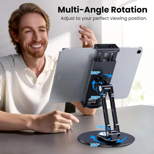 Miniatura 2 de Soporte para tableta para iPad, ajustable con base giratoria de 360 grados para escritorio, soporte giratorio de aluminio para tableta compatible