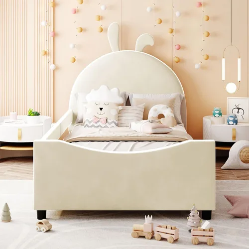 Miniatura 3 de Sofá cama de terciopelo de tamaño individual con cabecera en forma de oreja de conejo, marcos de cama de plataforma individual para niños y niñas