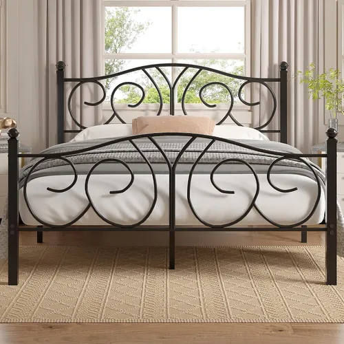 Miniatura 14 de VECELO Base de cama con dosel de metal, tamaño individual, base de colchón con plataforma de 4 pósteres con cabecero, soporte de listones de acero
