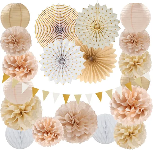 Decoraciones de fiesta bohemias de color beige, dorado champán, blanco, melocotón, 20 unidades neutrales para baby shower, linternas de papel