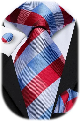 Miniatura 260 de Hi-Tie Corbata clásica de cachemira para hombre con pañuelo y gemelos a cuadros