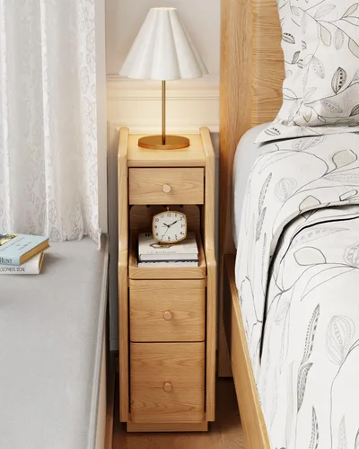Miniatura 9 de Mesita de noche estrecha con 3 cajones, mesita de noche estrecha de madera maciza, color negro, moderna mesita de noche delgada para dormitorio