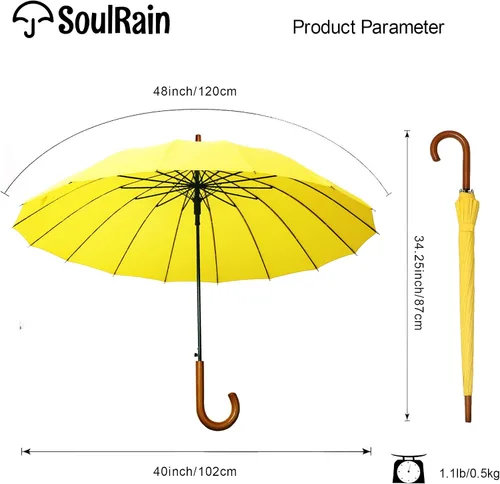 Miniatura 72 de SoulRain Paraguas de palo de 16 varillas de 48 pulgadas, apertura automática, color sólido, moderno y simple, mango de madera clásico de arco