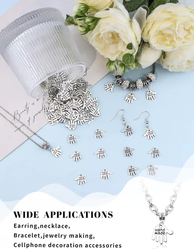 Miniatura 6 de JIALEEY 100 dijes en forma de mano hechos a mano, letreros tallados en tono plateado para hacer joyas de moda, hallazgos, manualidades, costura