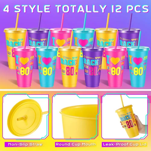 Miniatura 3 de Uiifan 12 vasos de plástico reutilizables de 24 onzas con tapa y popote para fiestas de los años 80, para decoración de fiestas de los 80
