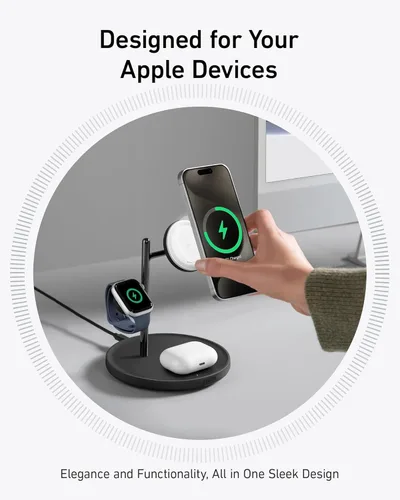 Miniatura 3 de Anker MagGo Soporte de carga inalámbrico 3 en 1 compatible MagSafe, de 15 W, con certificado Qi2, accesorio de escritorio, para iPhone 16, 15, 14