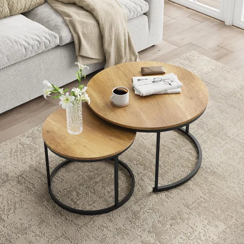 Miniatura 6 de Smuxee - Juego de 2 mesas de café anidadas, mesa de café redonda de 27.6" con tapa de grano de madera y patas ajustables antideslizantes, mesa Marrón