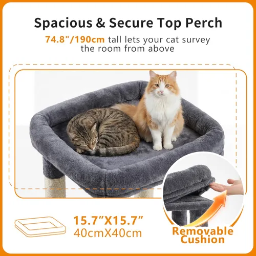 Miniatura 2 de Heybly Árbol para gatos, torre de gato amplia y alta de 74.8 pulgadas para gatos grandes, muebles para gatos con percha superior grande, base