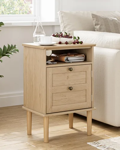 Miniatura 5 de Mesita de noche, mesita de noche bohemia con 1 cajón, mesa auxiliar moderna con estante abierto, mesa auxiliar de noche de madera para dormitorio