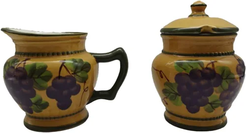Miniatura 3 de ACK Tuscany - Juego de crema y azúcar de cerámica pintada a mano en grano de café colorido, azucarero con tapa