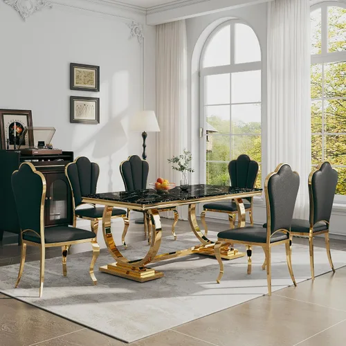 Miniatura 10 de Juego de mesa de comedor de 7 piezas, mesa de cocina de lujo de mármol sintético blanco de 70 pulgadas y 6 sillas copetudas de terciopelo beige