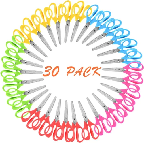 KUONIIY - Tijeras escolares para niños (5.0 in, con asas suaves y cómodas), varios colores, 30 paquetes