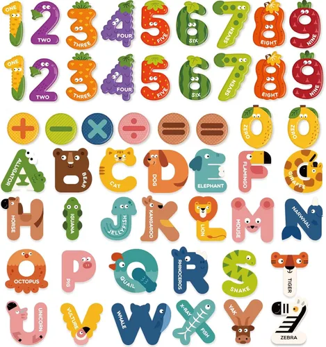 Mideer Números magnéticos de letras para niños de 1 a 3 años, 52 piezas de lindos imanes del alfabeto de animales, 26 mayúsculas, 20 números, 6