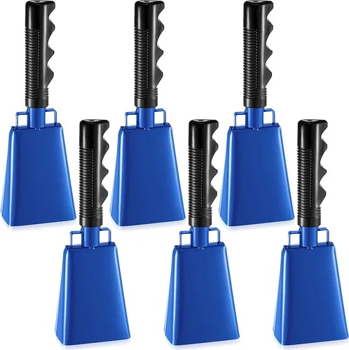 Miniatura 8 de Paquete de 3 campanas de vaca azules con asas, campana de animación para eventos deportivos, juegos de fútbol, escuela sólida grande, instrumentos