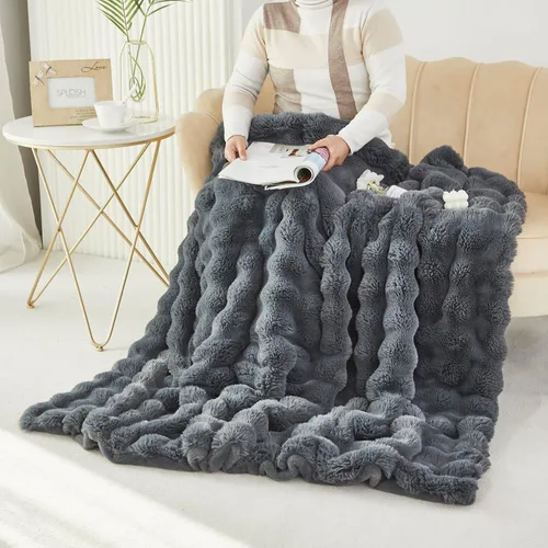 Miniatura 3 de YOU SA Manta de piel sintética gris oscuro de 51 x 63 pulgadas, manta decorativa de piel de conejo cálida y esponjosa para sofá cama, manta peluda