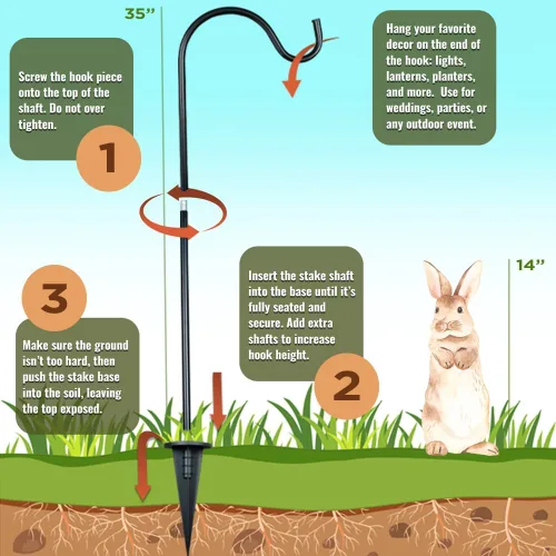 Miniatura 2 de Ganchos de pastor para exteriores, juego de 4 postes de jardín ajustables para comederos de pájaros, linternas solares, campanillas de viento, Negro