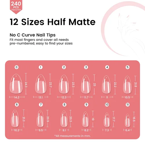 Miniatura 7 de Quaferen Puntas de Uñas de Almendra Medianas: 240pcs Puntas de Uñas Postizas Acrílicas Preformadas Forma de Almendra - 12 Tamaños Gel Suave