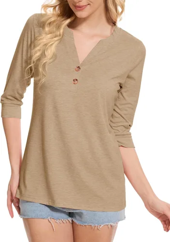 Miniatura 5 de Dimur Camisetas de manga 3/4 con cuello en V y botones para mujer, traje casual de negocios, camiseta básica de verano 2025