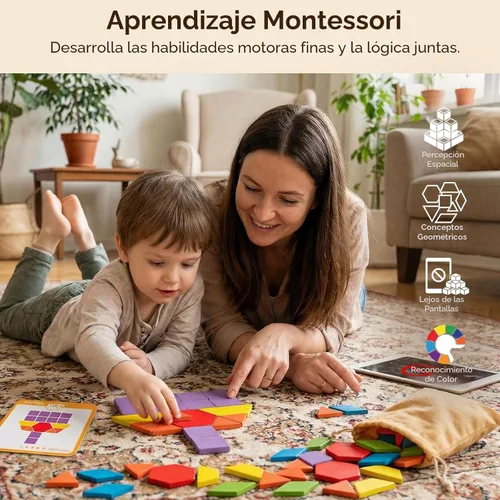 Miniatura 4 de LovesTown 209 piezas de bloques de madera con formas para niños, geométricos con tarjetas de actividades y bolsa de almacenamiento, rompecabezas