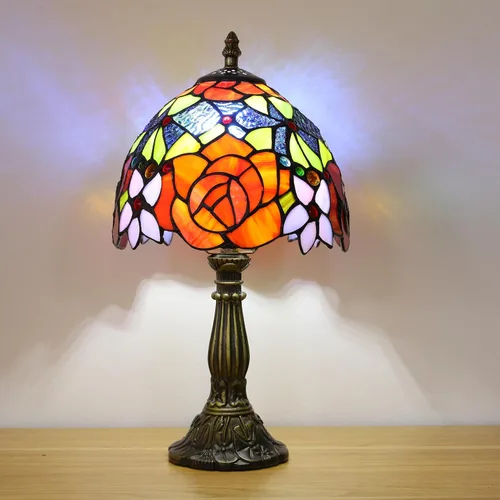 Miniatura 4 de Lámpara de Mesa Estilo Tiffany 3 Temperaturas de Color Lámparas de Vidrio Emplomado con Flores Rosas Lámpara de Mesa Pequeña Antigua para Mesita