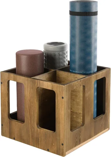 MyGift 4-Slot Vintage Brown Wood Foam Roller Storage Organizer, Wall Mounted or Floor Standing Holder Rack for Yoga Mats and Gym Accessories Madera