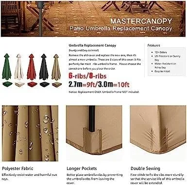 Miniatura 5 de Fundas de repuesto para paraguas (9 pies/10 pies/6 varillas/8 varillas), toldos de repuesto para paraguas de tela, resistentes al agua/UV30+