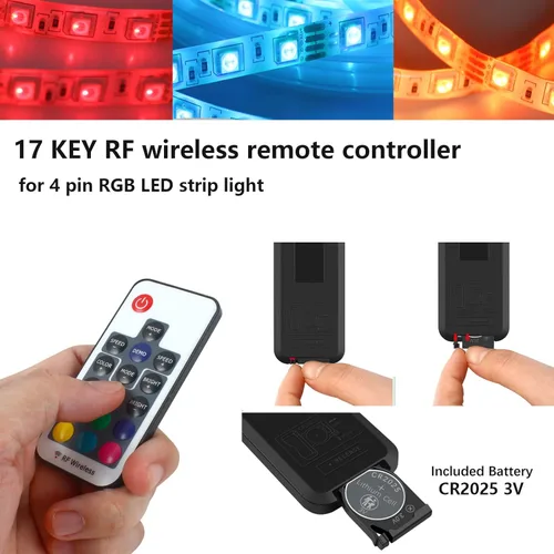 Miniatura 3 de VIPMOON Controlador LED remoto inalámbrico RF de 17 teclas, DC 5V/12V/24V Mini controlador RGB de 4 pines para 5050 3528 5630 luces de tira LED