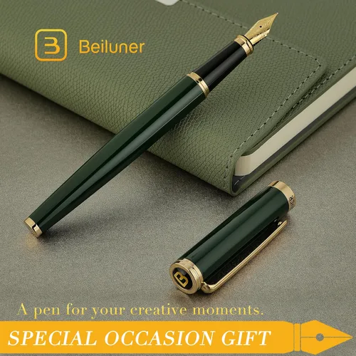 Miniatura 7 de BEILUNER Pluma Estilográfica Verde Racing, Impresionantes Plumas de Lujo con Acabado de Oro de 24K, Hermosa Plumilla Dorada de 24K (Fina), Regalo