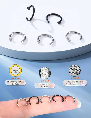 Miniatura 24 de FIBO STEEL - 5 piezas de acero inoxidable, 18G a 22G, joyería corporal, piercing de nariz para mujer