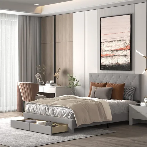 Miniatura 8 de NSdirect Base de cama tamaño Queen con cajón de almacenamiento, base de cama tapizada de terciopelo con 2 cajones de almacenamiento y estación