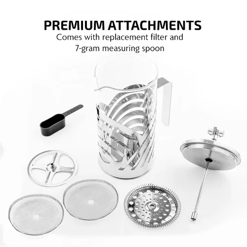 Miniatura 7 de OVENTE Cafetera de prensa francesa de 27 onzas con vidrio de borosilicato resistente al calor, diseño de acero inoxidable y sistema de filtro de 4