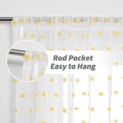 Miniatura 2 de MYSKY HOME Cortinas transparentes con pompones y bolsillo para barra, cortinas traslúcidas de gasa para ventana, 52 pulgadas de ancho x 72 pulgadas