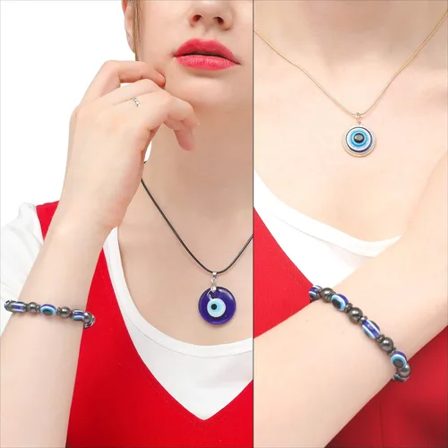 Miniatura 4 de WBRWP- Juego de collar con colgante de mal de ojo cristal de ojo azul con cadena de cuerda de cuero, acero inoxidable, protección turca