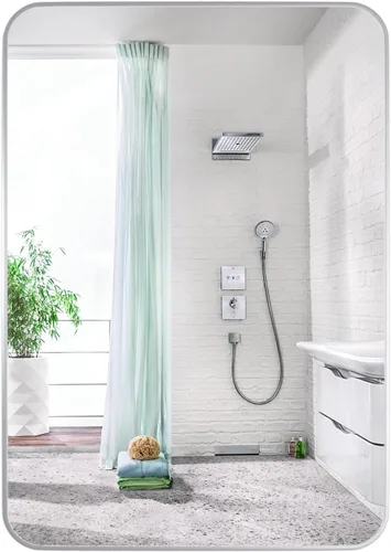 Manocorro - Espejo de baño de esquina redonda, 20 x 28 pulgadas, color plateado | Lightweight,wall mounted,HD tempered glass,sturdy aluminum