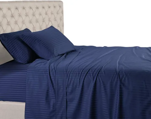 Miniatura 11 de Royal Hotel Bedding Sábanas a rayas de 600 hilos, juego de sábanas de 4 piezas, 100% algodón, rayas de satén, bolsillo profundo, tamaño Queen, azul