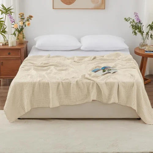 Miniatura 2 de Love's cabin - Manta de muselina de 6 capas 100% algodón, 90"x90", manta de muselina tamaño queen para sofá o cama, de algodón de gasa ligera y Beige