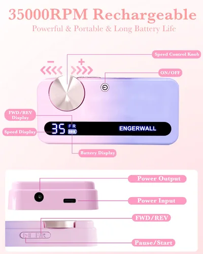 Miniatura 2 de Taladro de uñas recargable de 35000 RPM, lima de uñas eléctrica portátil profesional para uñas de gel acrílicas, kit de archivo electrónico
