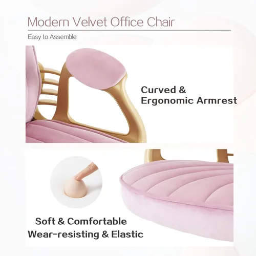 Miniatura 8 de Silla de oficina en casa de terciopelo con brazos y patas dorados, cómoda silla de escritorio giratoria tapizada y capitonada, cómoda con ruedas Rosa