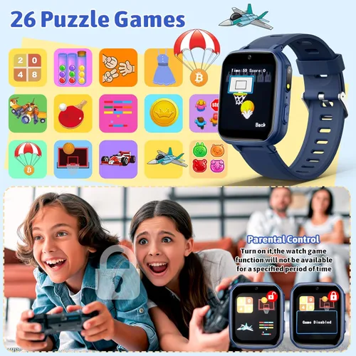Miniatura 5 de zicor Reloj inteligente para niños con 26 juegos de rompecabezas, cámara dual, reproductor de música, podómetro, grabadora de video, linterna, reloj