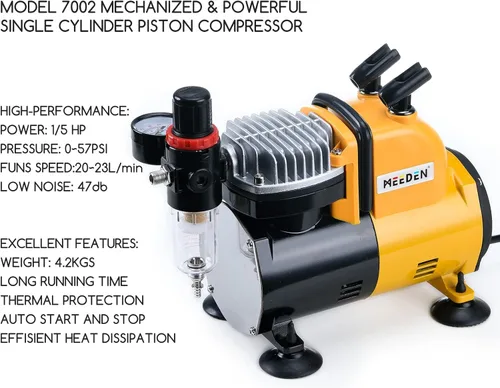 Miniatura 2 de MEEDEN Kit de compresor de aerógrafo - Compresor de aire completo de 1/5 HP para pintura de modelos con manguera de 6 pies Individual - Amarillo
